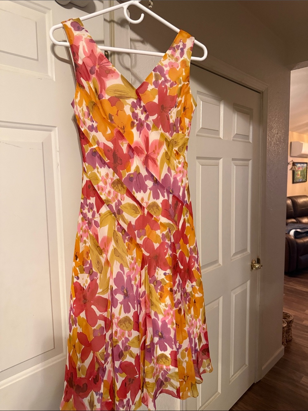 Talbots Floral V-Neck A-Line Dress in Pink, Orange & Yellow